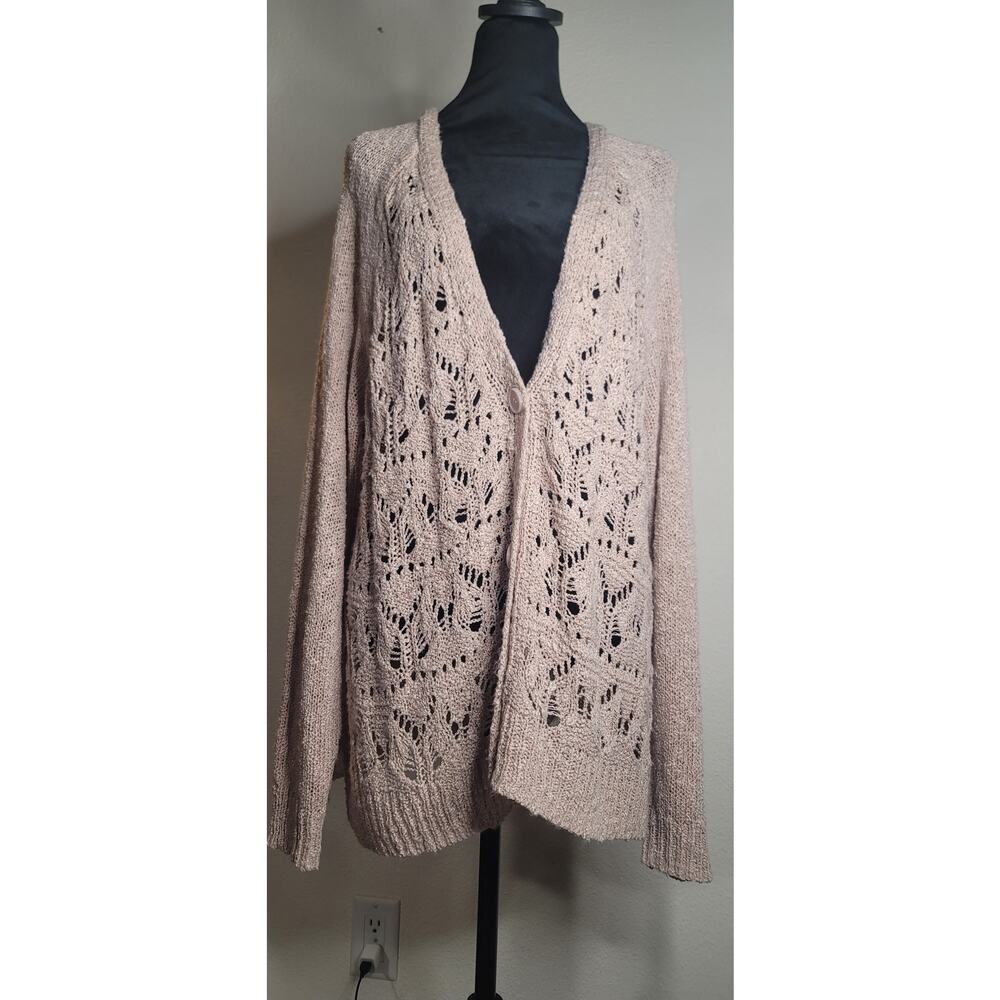 Light Pink, V-neck, Open-knit 3 Button Cardigan Sweater Women's Size 2XL